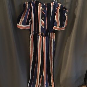 🌻KIDS sz10/12 striped, off shoulder, long romper